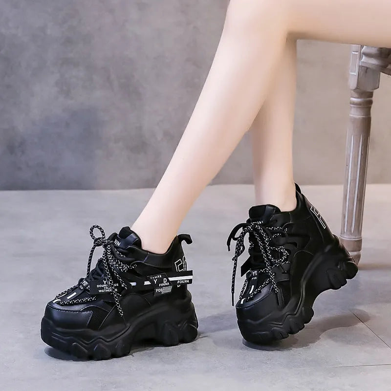 Women's white mesh platform sports shoes with cross-strap and rubber sole