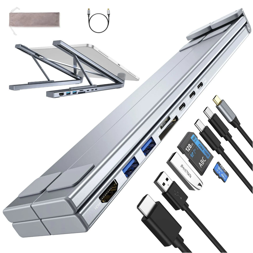 Aluminium alloy folding laptop docking station stand with multi-interface HUB ports visible