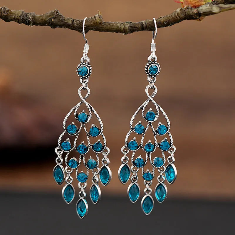 Smart water drop purple retro ethnic-style long crystal fringe earrings with alloy drop shape