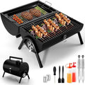 Small folding desktop charcoal barbecue grill shown in open cooking position