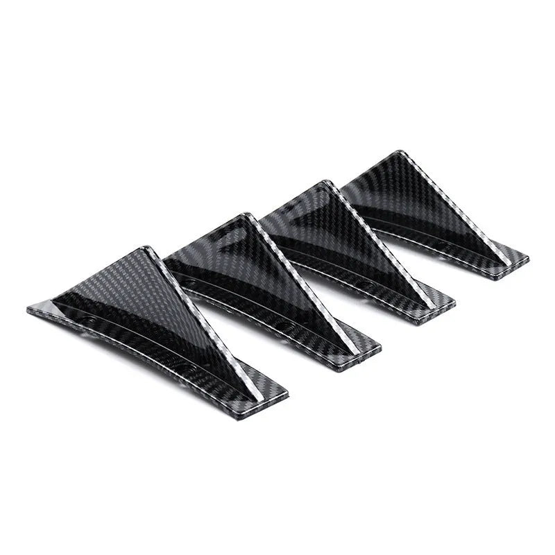 Black ABS plastic triangle car rear spoiler measuring 15cm wide, shown with adhesive and screws.