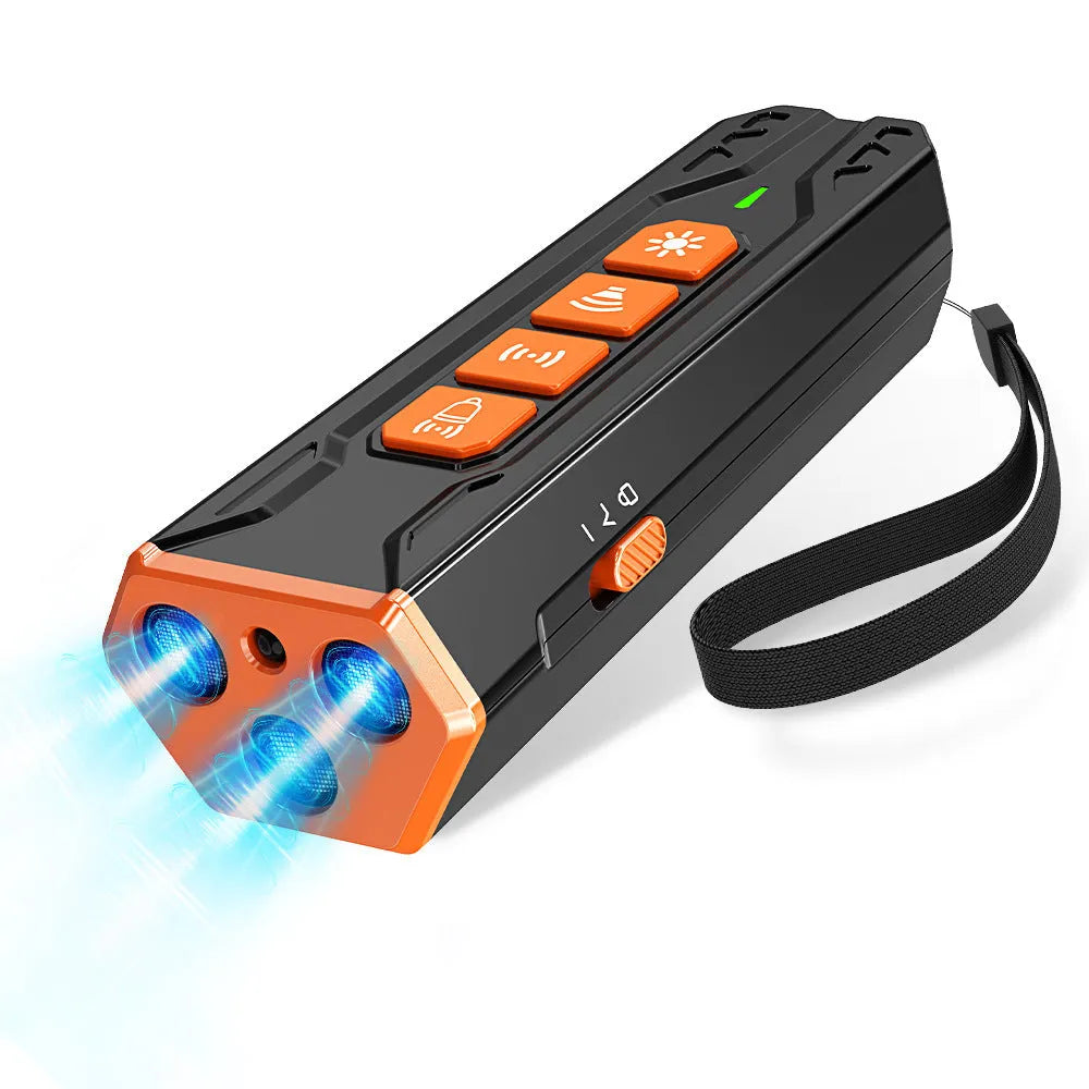 Three-head ultrasonic dog trainer with creative home lighting design in black and orange colour.