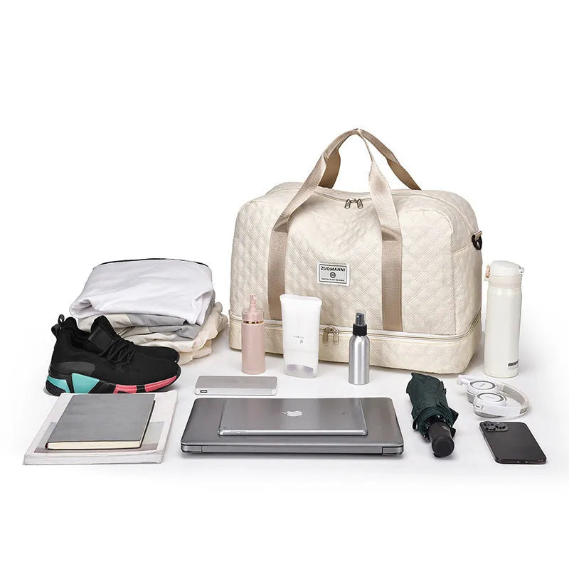 Large oxford cloth leisure travel bag in milky white colour showing storage capacity and carry handles