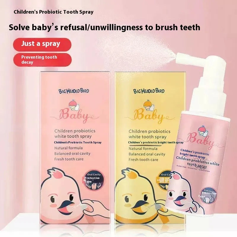 Children's probiotic teeth whitening spray bottle in strawberry and orange flavours
