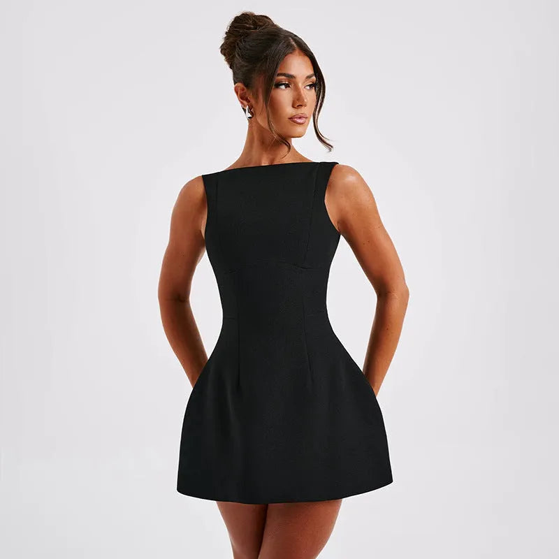 Slim-fitting backless sleeveless summer dress in a solid colour on a hanger, showing high waist and short length.