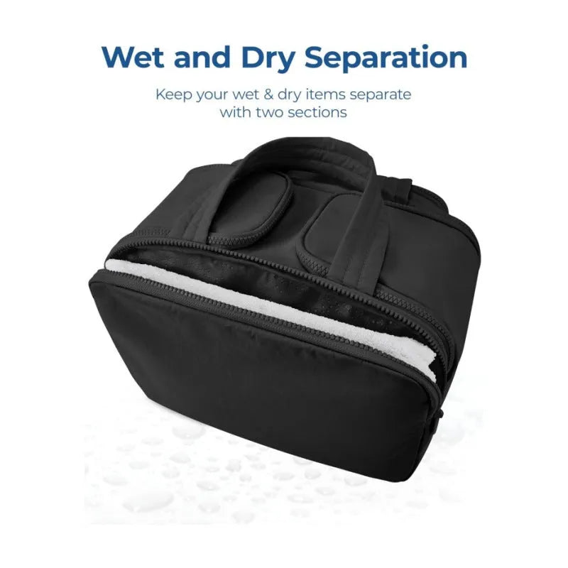 Large travel toiletry bag with wide opening showing interior organisation compartments