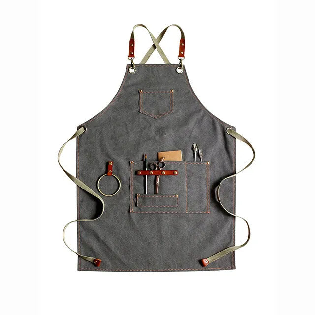 Canvas apron with cross straps in camel colour for baking and gardening work
