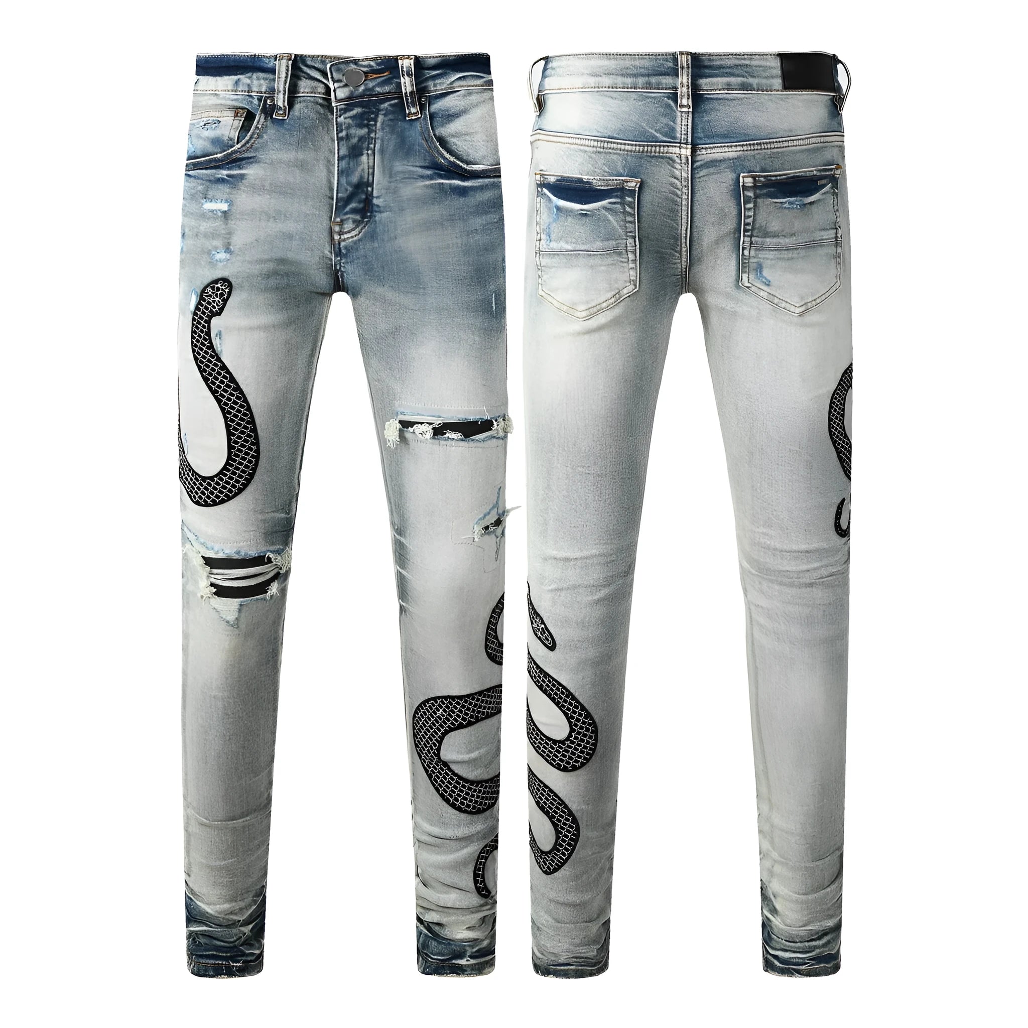 8934Blue distressed wash skinny jeans with micro elasticity and button fly opening