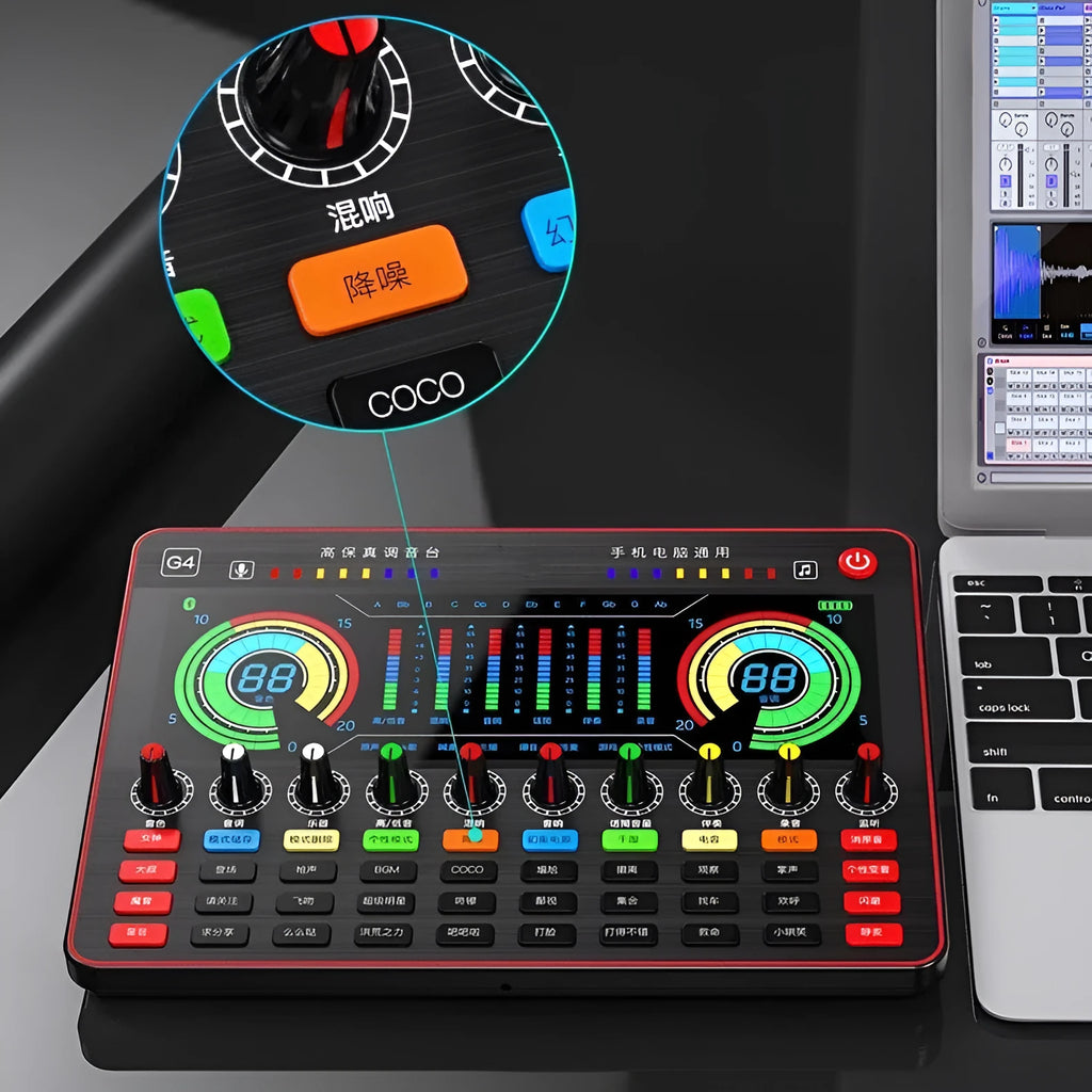 G4 professional USB sound card with LCD display, microphone, remote control and audio cables on a desk