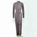 Women's leopard print long dress with stand collar and long sleeves showing high waist hip skirt silhouette