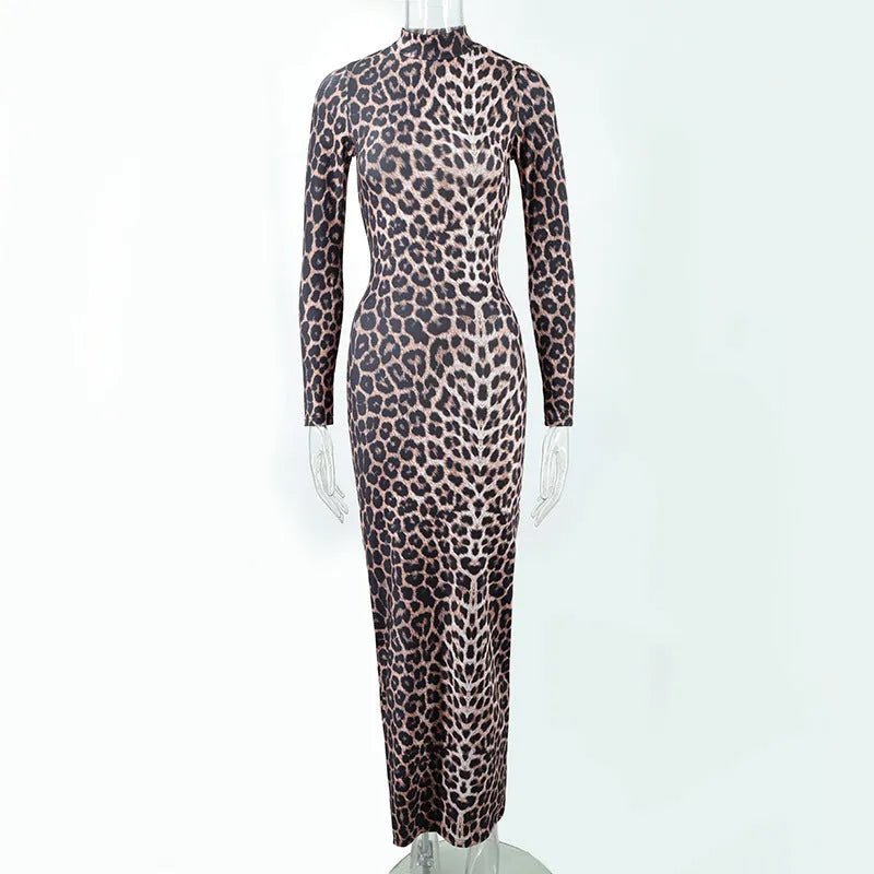 Women's leopard print long dress with stand collar and long sleeves showing high waist hip skirt silhouette
