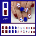 Short glossy red and blue strawberry cherry nail stickers for independence day manicure 24 pieces