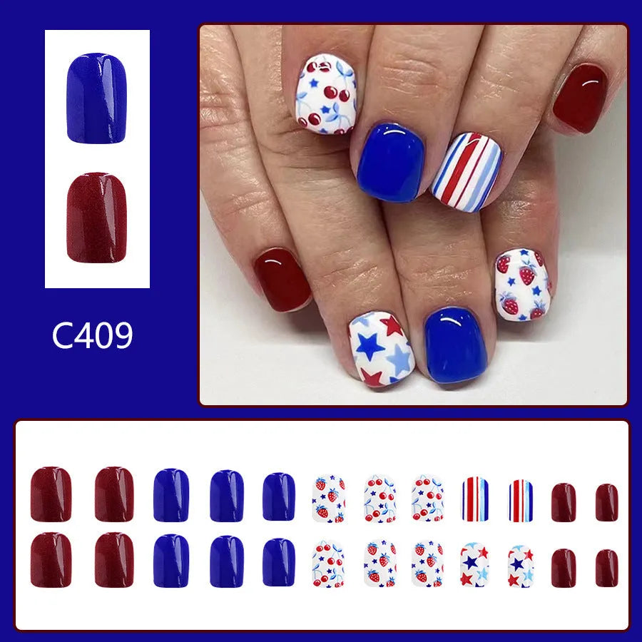 Short glossy red and blue strawberry cherry nail stickers for independence day manicure 24 pieces