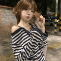 Dark blue Korean-style oversized women's long sleeve t-shirt with stripes and embroidery