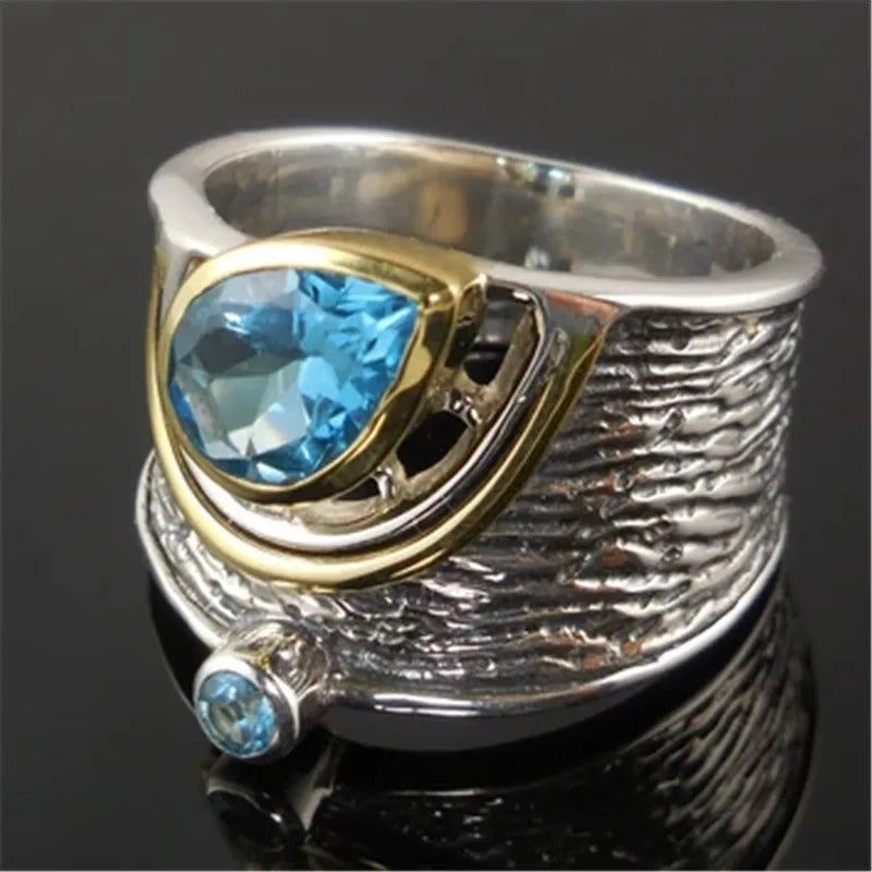 Blue Chinese style alloy ring with inlaid zircon stones in a drop shape, shown in size No.8.