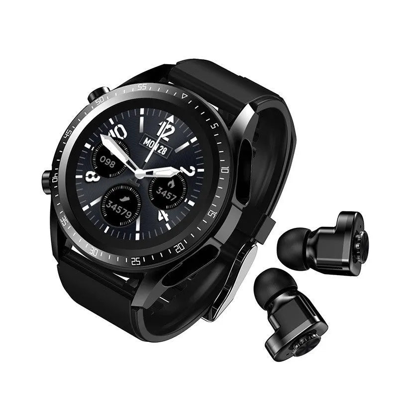 Black smart watch with health monitoring on a silicone wrist strap, showing its touch screen.