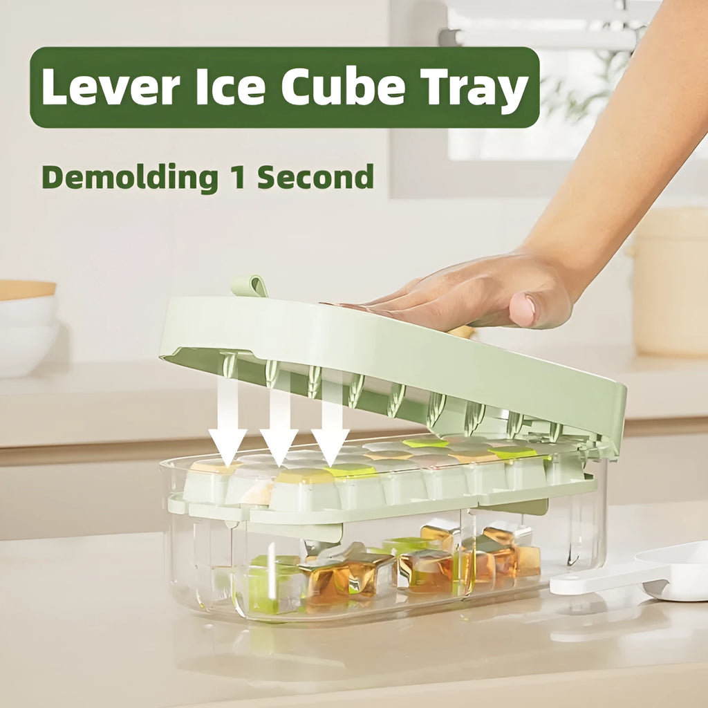 High capacity food grade ice cube tray in blue with integrated ice shovel storage slot