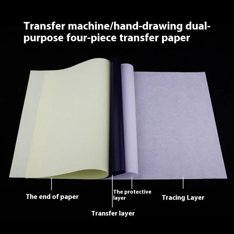 Stack of A4 tattoo transfer paper sheets showing quadruple copy layers for stencil making