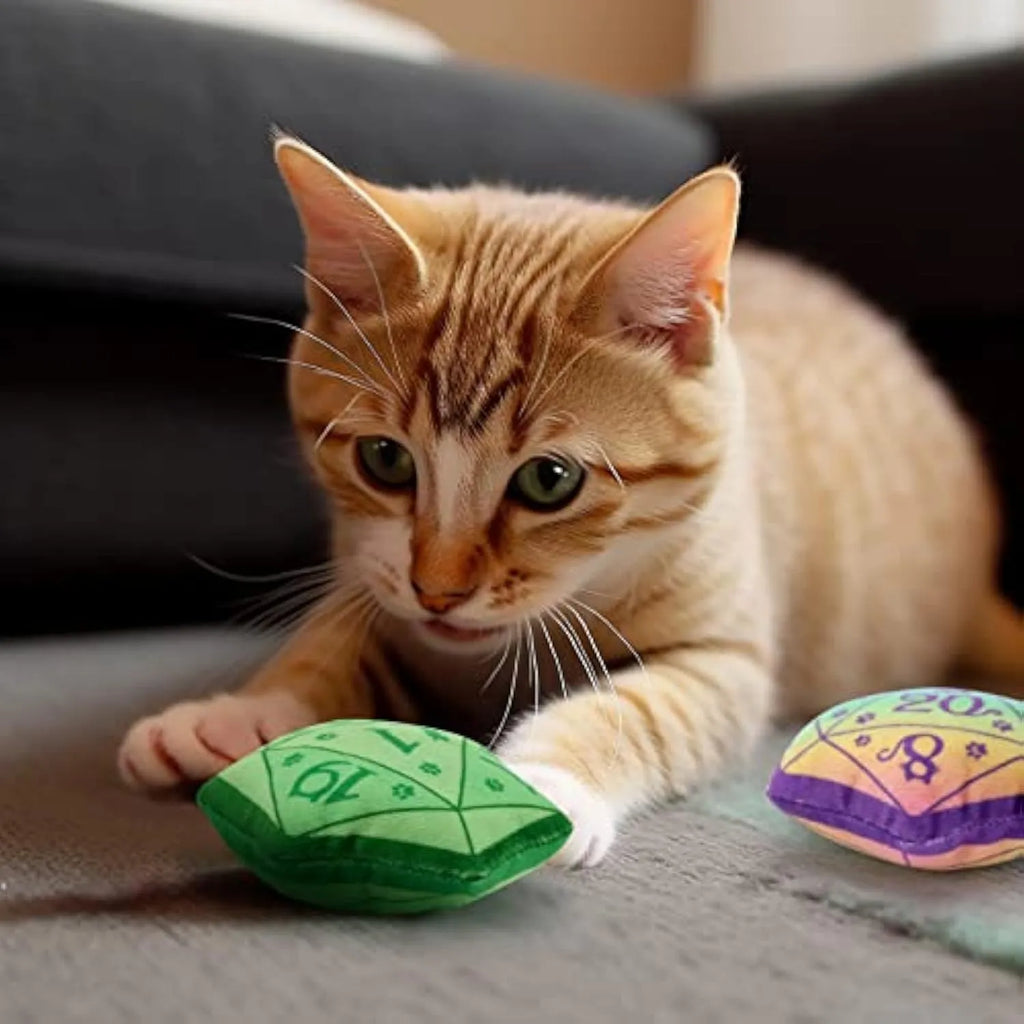Blue dice-shaped plush cat toy with DND styling containing organic catnip for feline play