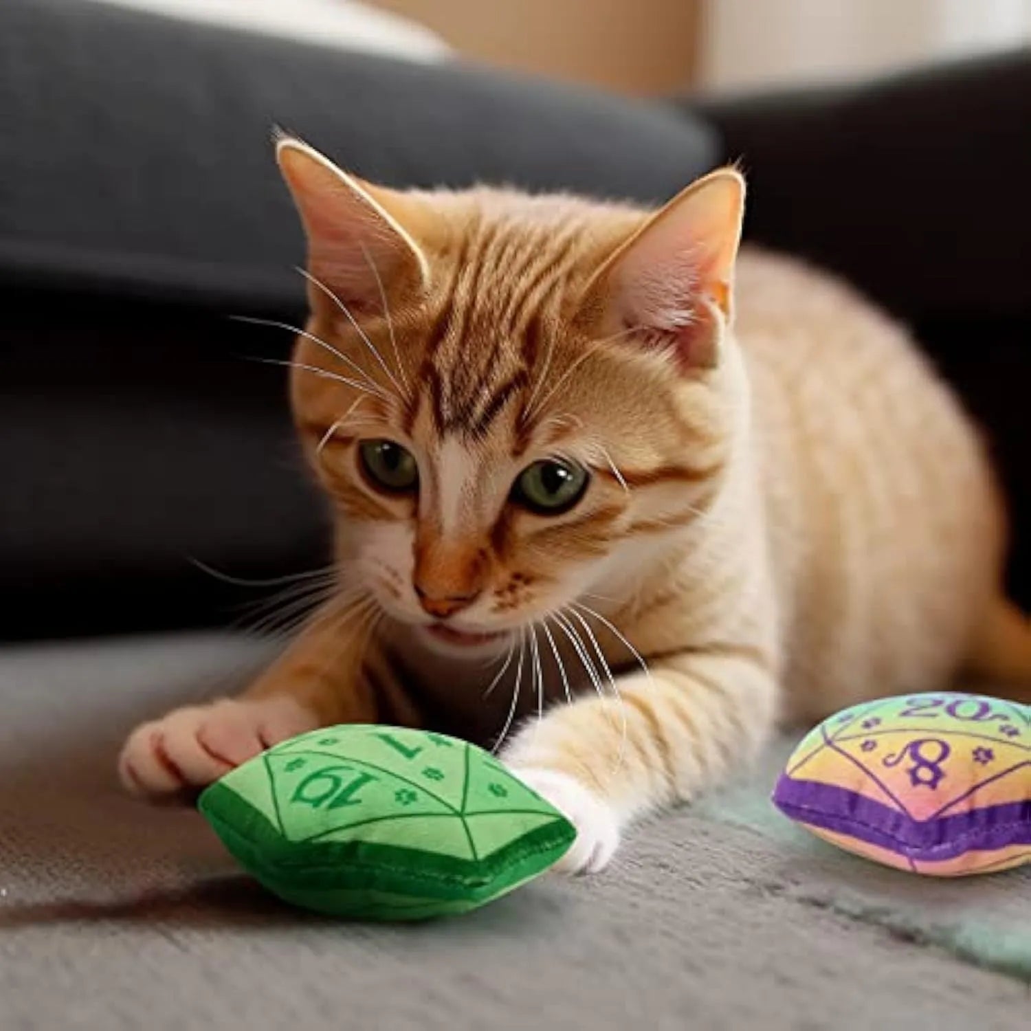 Blue dice-shaped plush cat toy with DND styling containing organic catnip for feline play