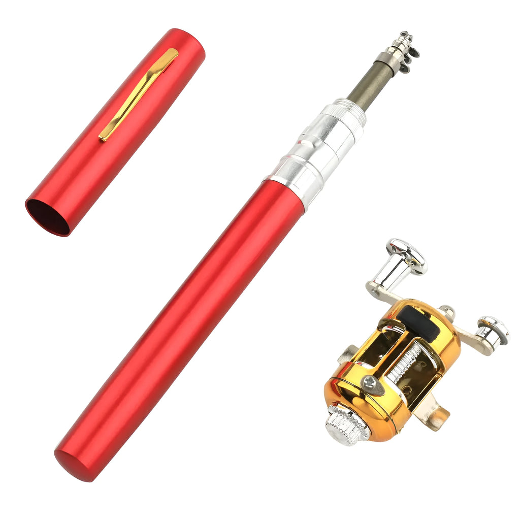Gold telescopic pocket fishing rod extended to 1m next to its 20.5cm collapsed form and ST5RL spinning reel.