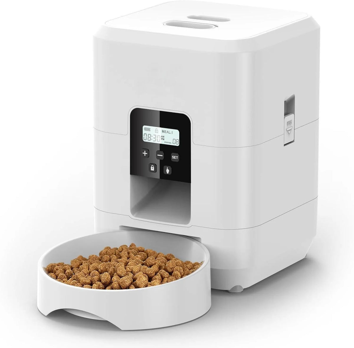 Automatic pet feeder for cats with smartphone app control and video monitoring options