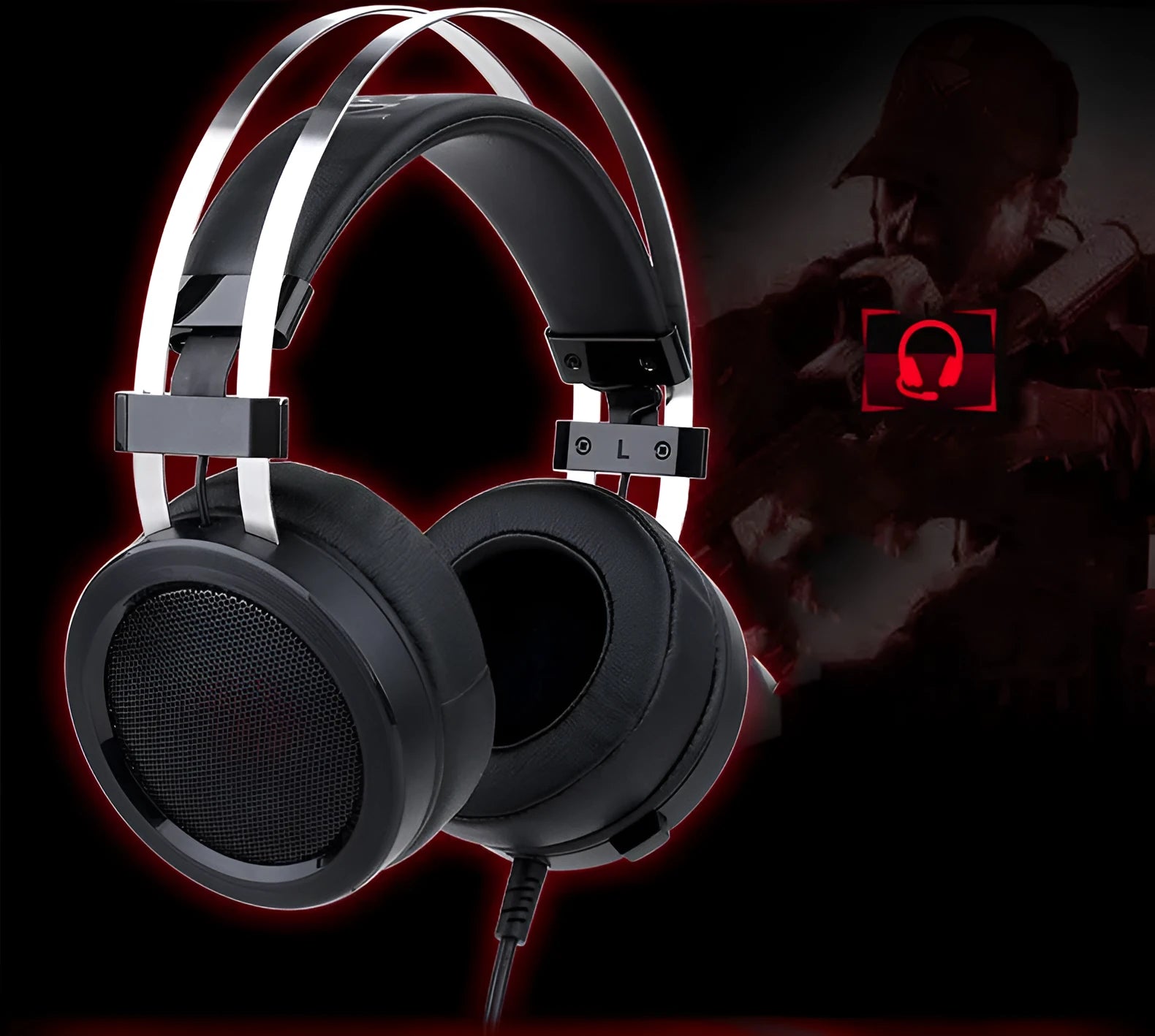 Black wired computer gaming headset with 3.5mm connector and 2 metre cable