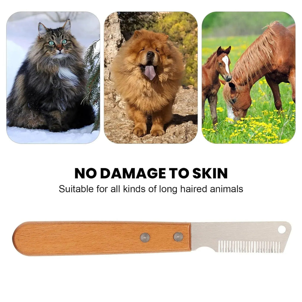 Pet stripping comb with wood handle and metal blade for dog and cat grooming.