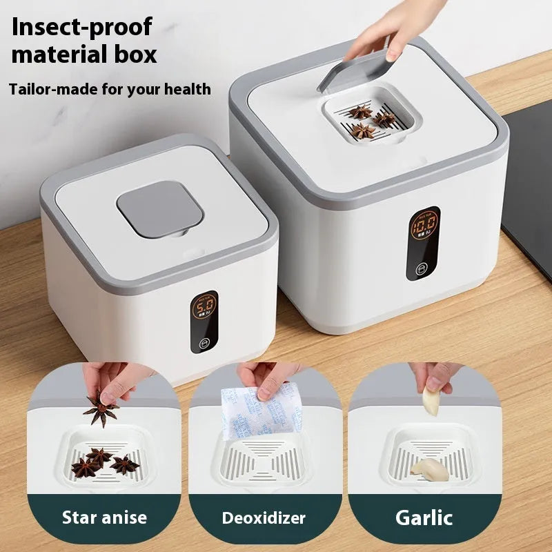 Grey plastic insect-proof sealed rice storage jar with lid and measuring cup in 10kg, 20kg, or 30kg sizes.