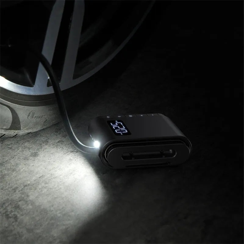 Black cordless car tyre inflator 45W with LED digital display and 5-150PSI pressure gauge, 130x80.21x46mm