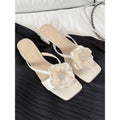 Women's chunky heel square toe sandals with fashion flower detail in satin material