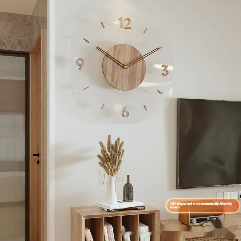 Transparent wooden wall clock with square 35cm dial in modern framed and frameless designs