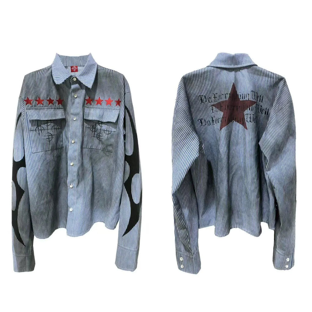Men's washed blue striped denim shirt with lapel collar and long sleeves on hanger