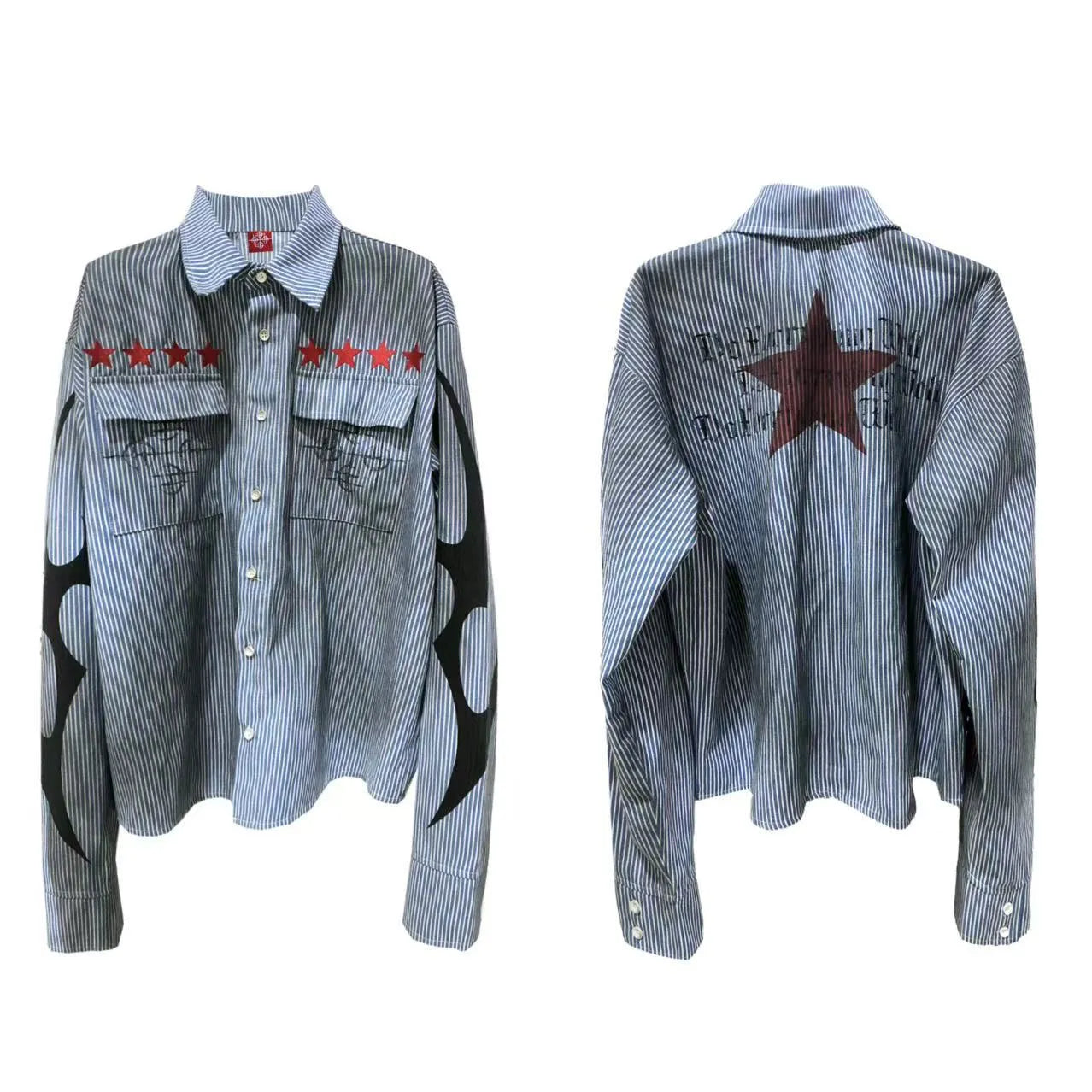 Men's washed blue striped denim shirt with lapel collar and long sleeves on hanger