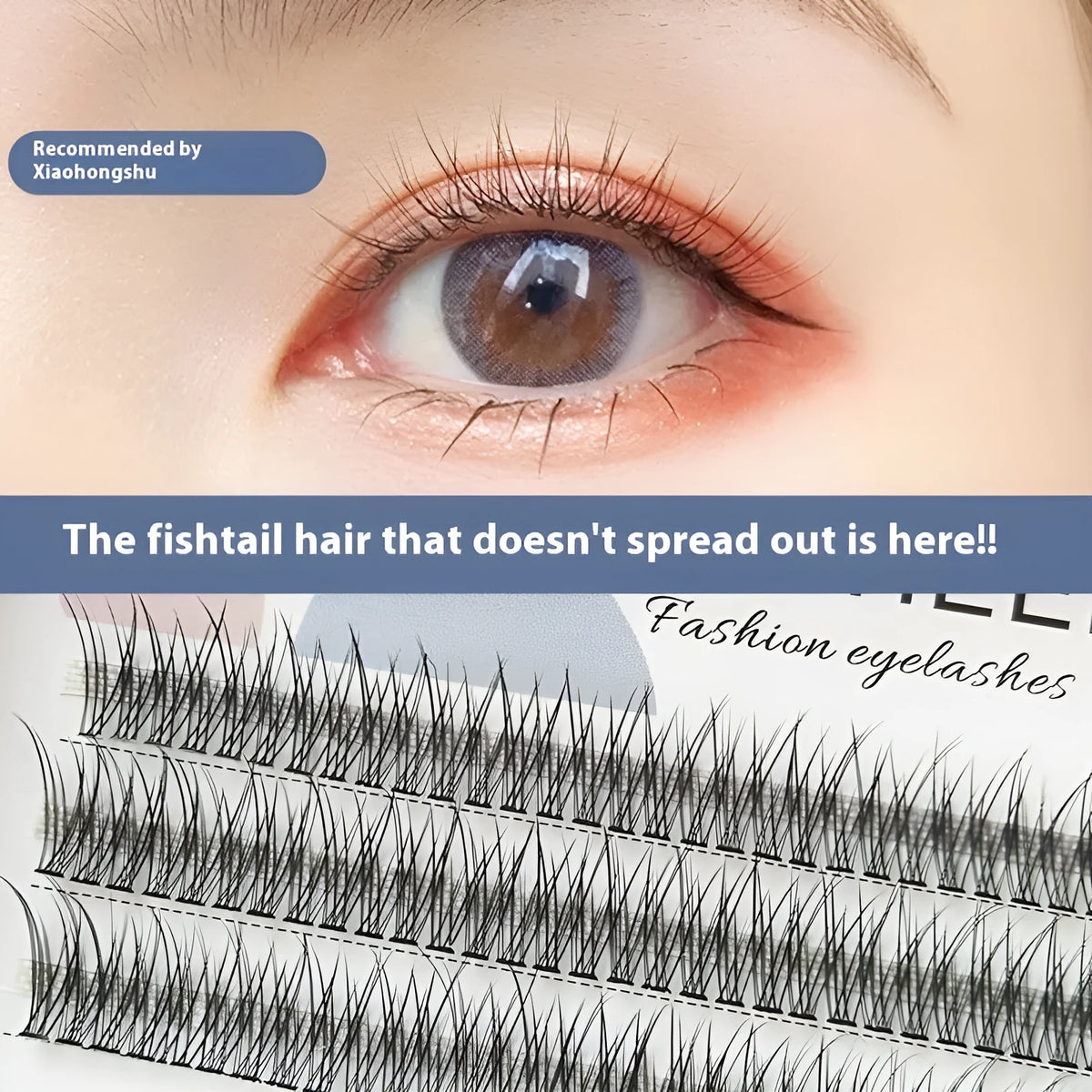 Black v-shaped fairy fishtail false eyelashes with thick segments on a clear band.