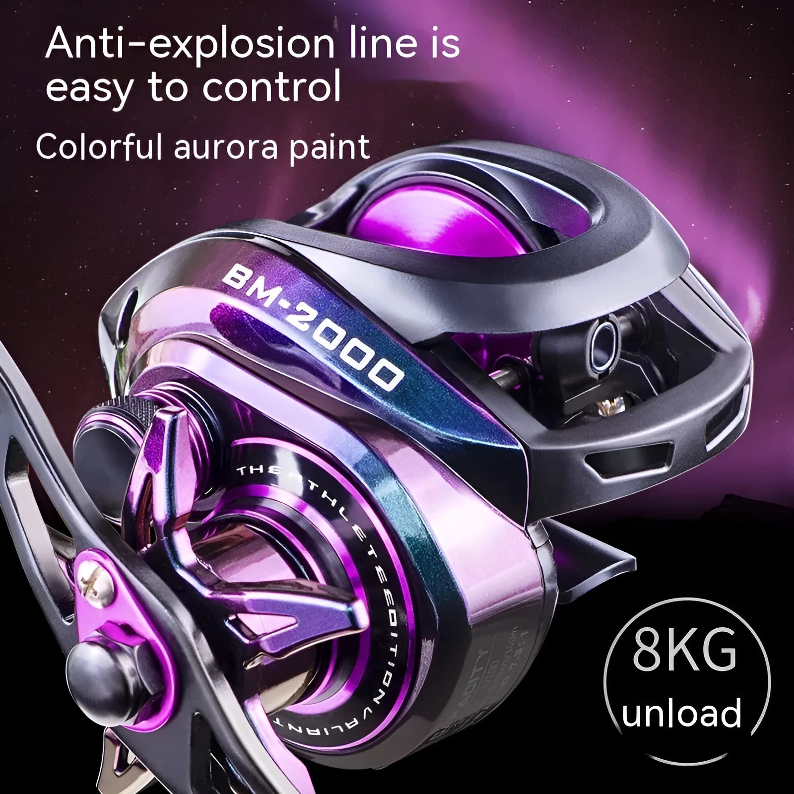 BM2000 fishing reel with magnetic brake system in colourful water drop design