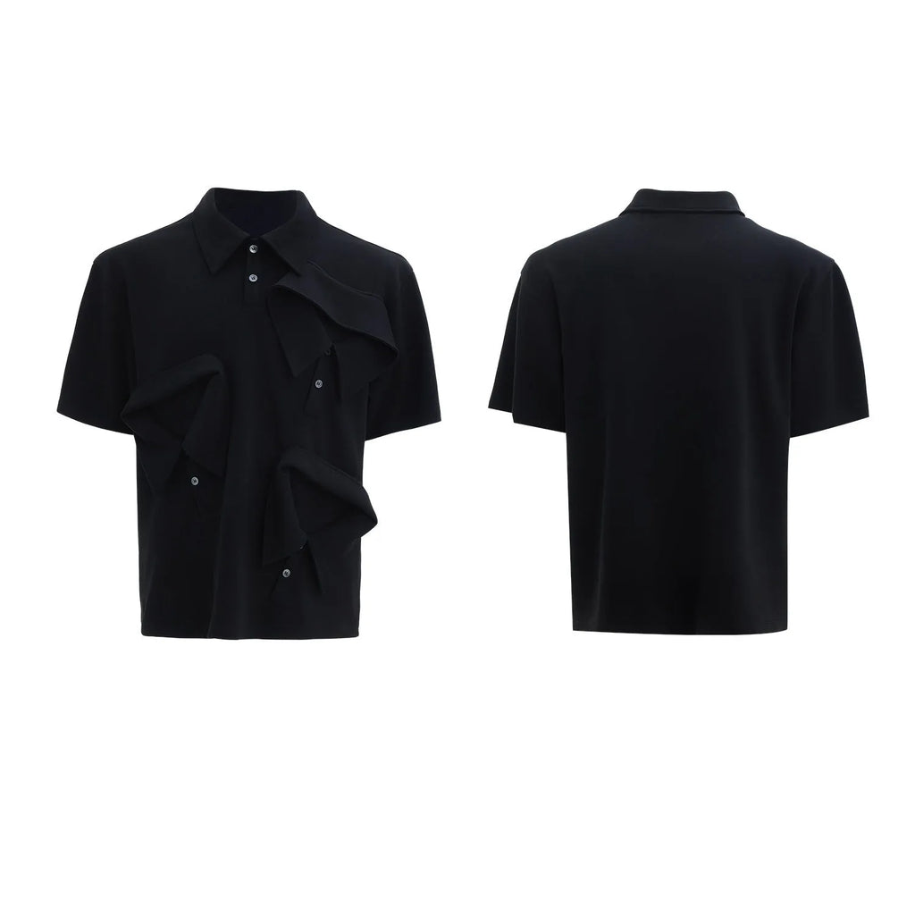Men's black loose fit polo shirt with geometric pattern and a shirt collar.