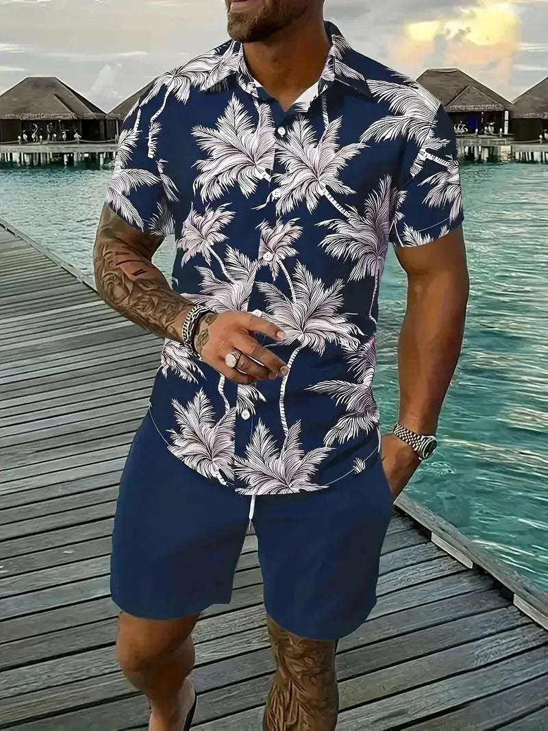 Men's 3D printed Hawaiian style short sleeve lounge suit with matching shorts on a mannequin
