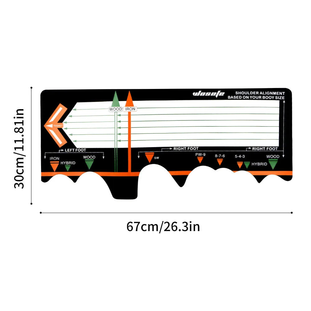 Black neoprene golf swing posture aid mat on grass, showing its compact size and alignment markings.