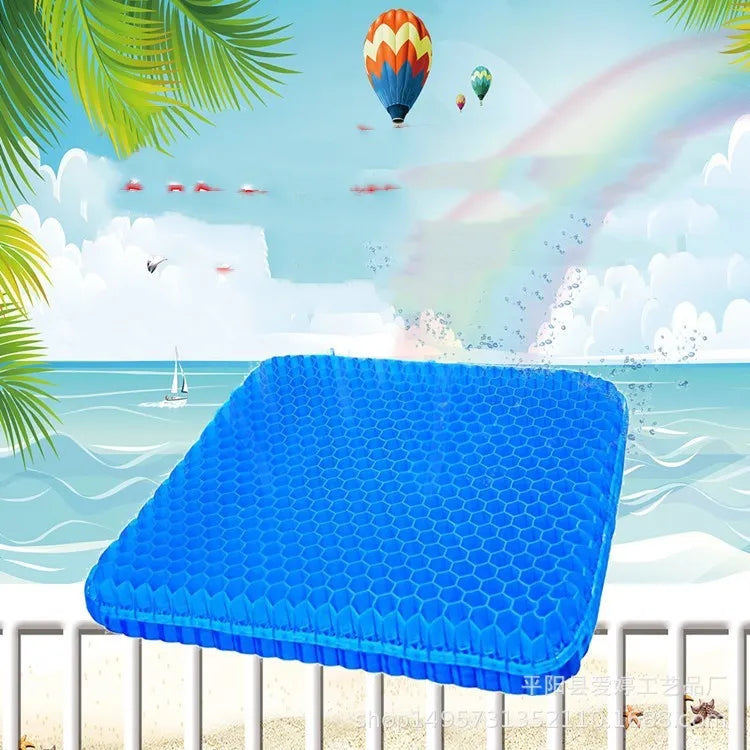 Gel seat cushion with honeycomb pattern showing removable cover and double-thick construction