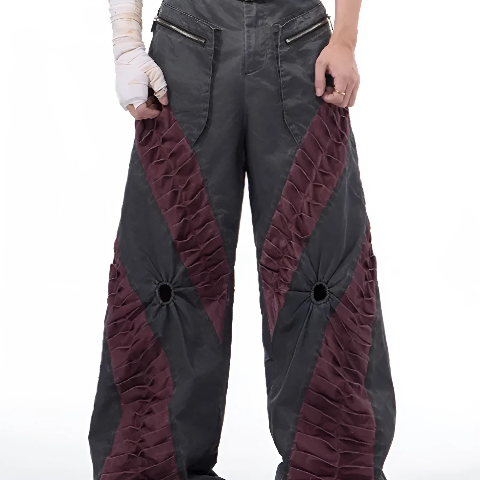 Gray retro three-dimensional keel casual rayon sports pants on a hanger