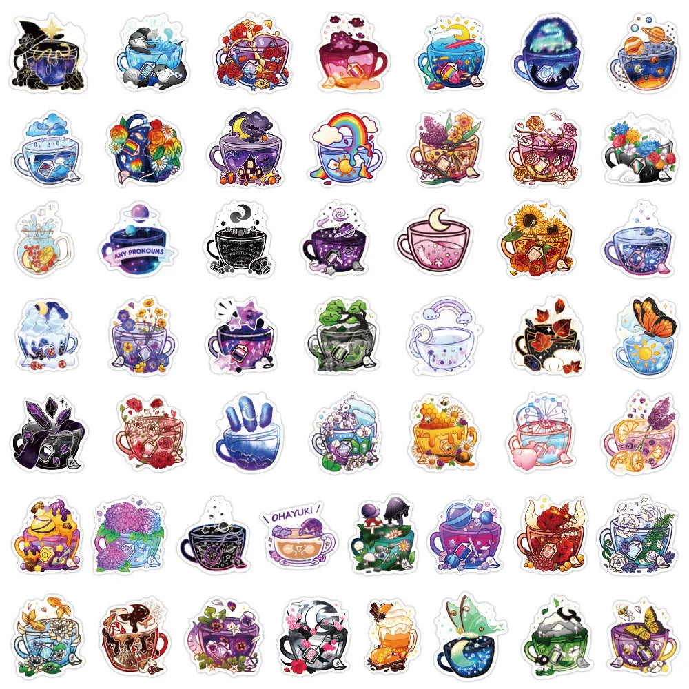 50 colourful tea cup graffiti waterproof stickers with Nordic style design for DIY luggage and scooter decoration