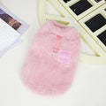 Fluffy blue coral fleece pet jacket with multi-coloured pull ring fastening on a dog model.