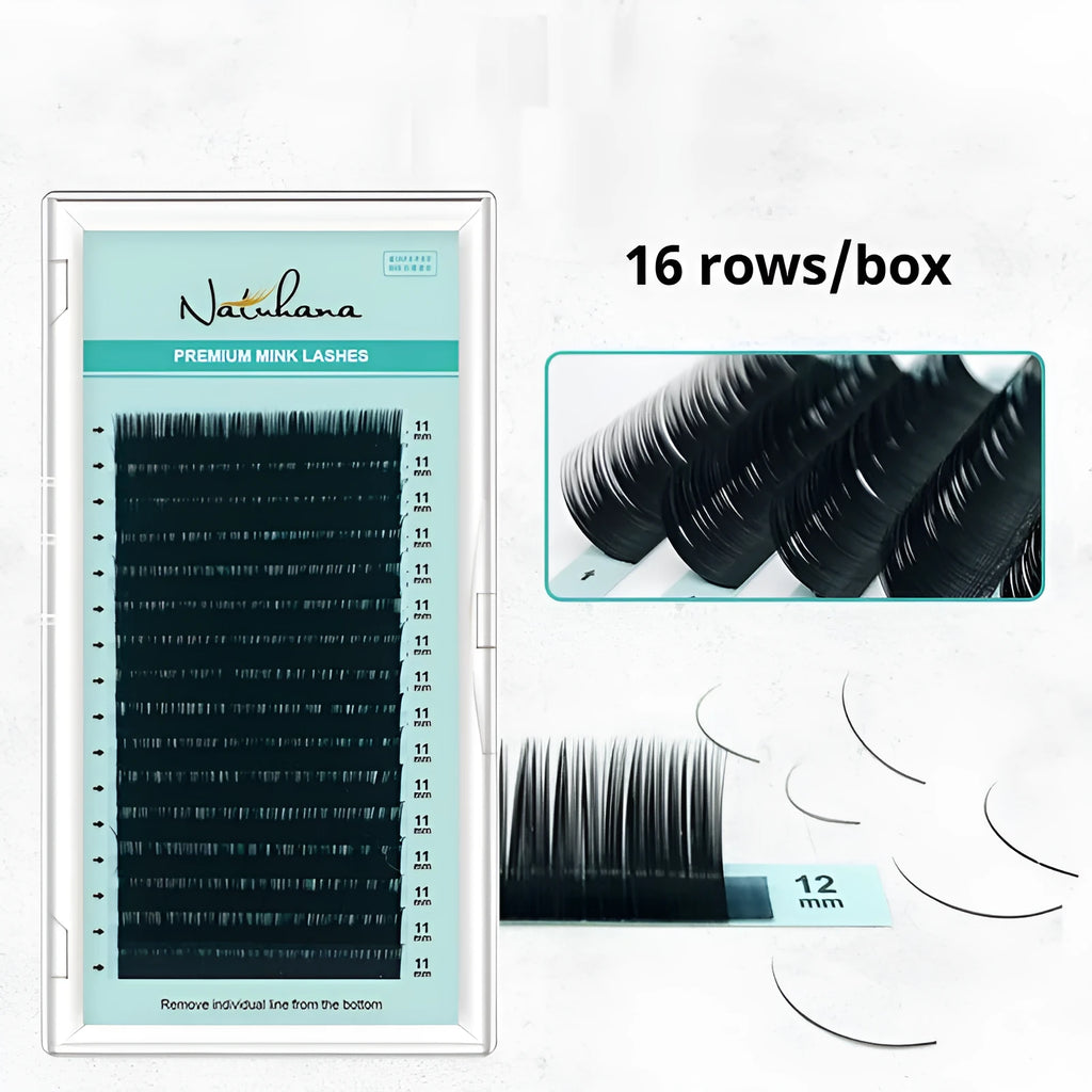 Women's soft velvet false eyelashes showing curl variations from 0.05CC to 0.2CC and length options from 7mm to 15mm