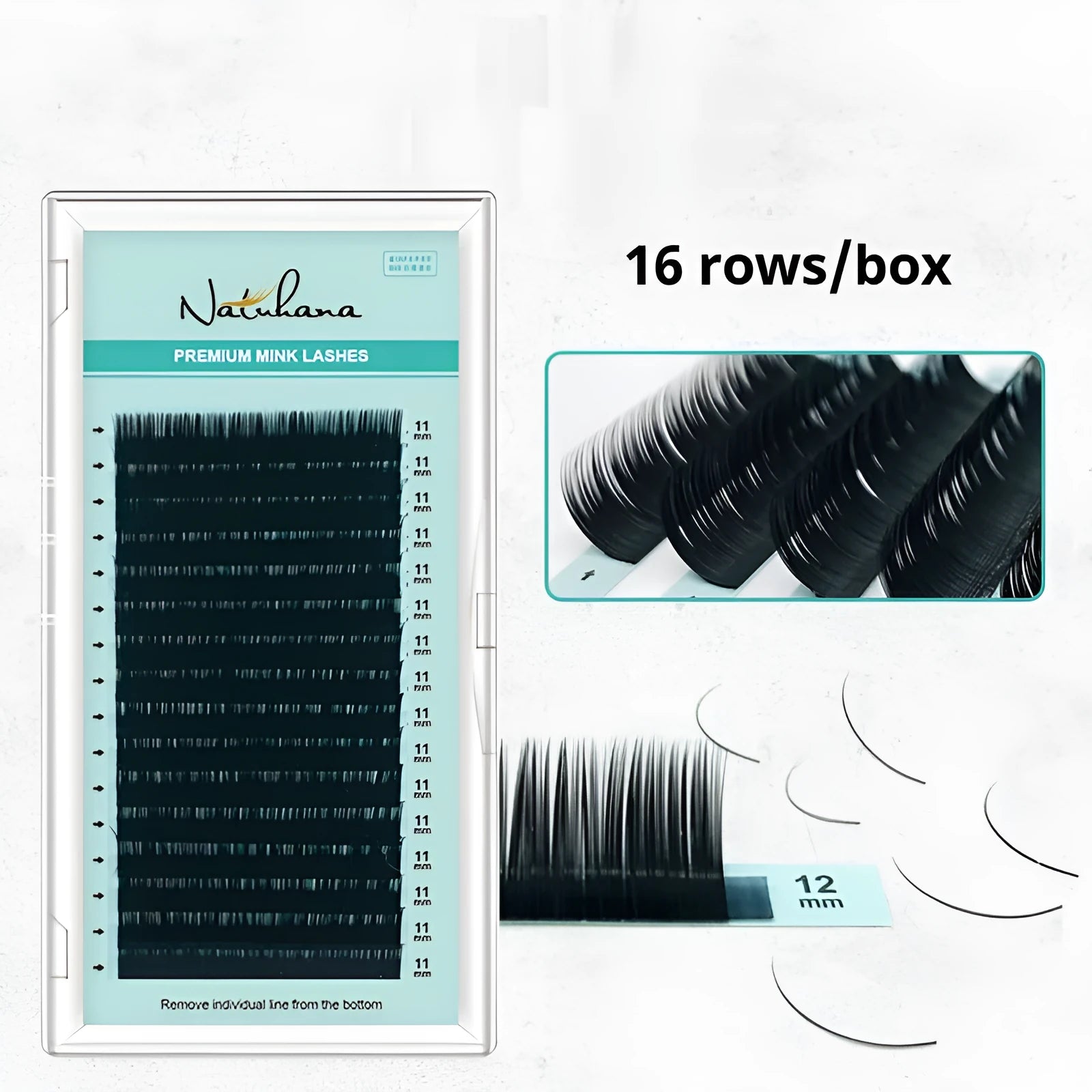 Women's soft velvet false eyelashes showing curl variations from 0.05CC to 0.2CC and length options from 7mm to 15mm