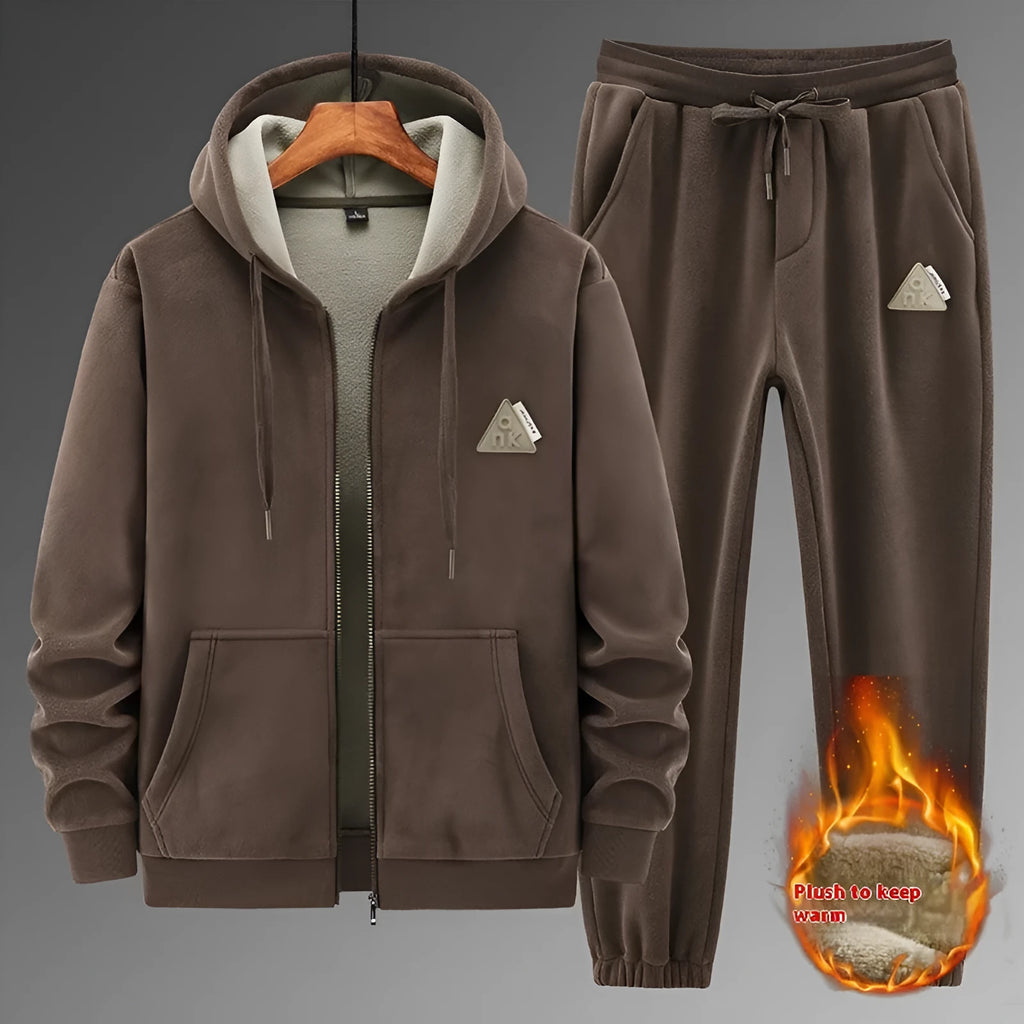 Men's grey hooded tracksuit set with polyester jacket and matching trousers for sports wear