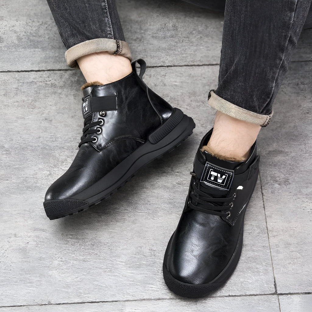 Men's black high-top platform Martin Boots with velvet-like finish and rubber sole