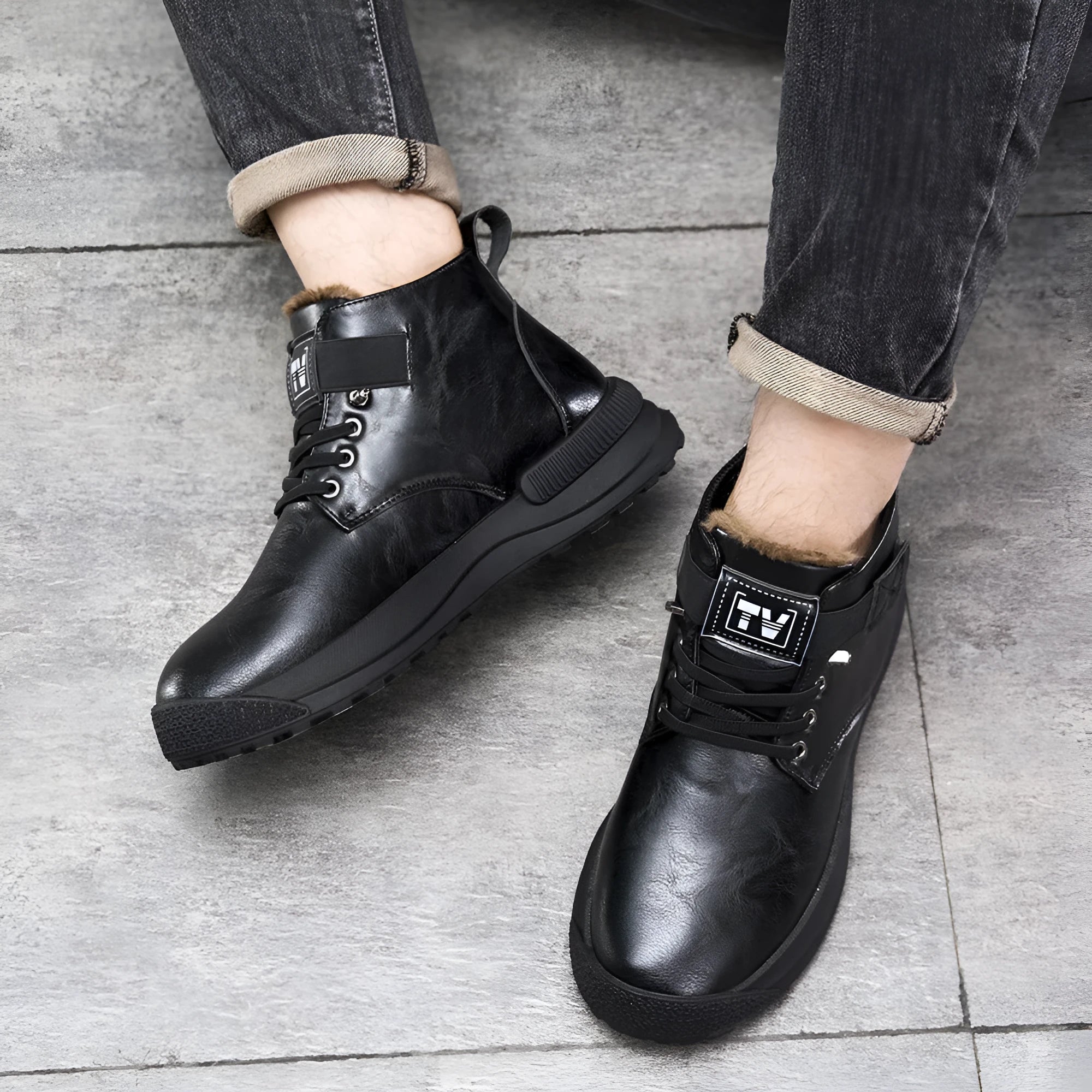 Men's black high-top platform Martin Boots with velvet-like finish and rubber sole