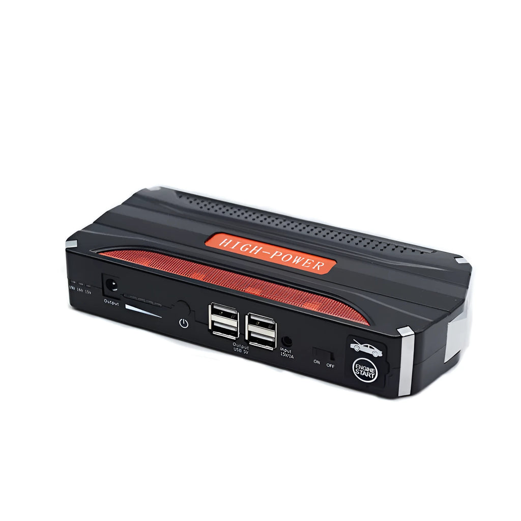 Black and red 12V vehicle emergency starting power supply with 7800mAh battery capacity