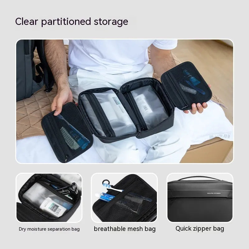 Multi-functional wet dry separation storage bag in Oxford cloth with compartments for toiletries organisation.